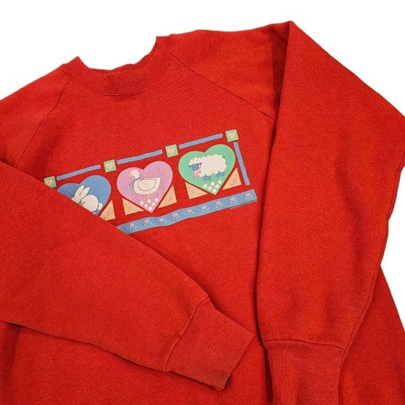 Vintage 90s Red Crewneck Sweatshirt Farm Animals Grandma Grannycore M Red - Picture 4 of 10
